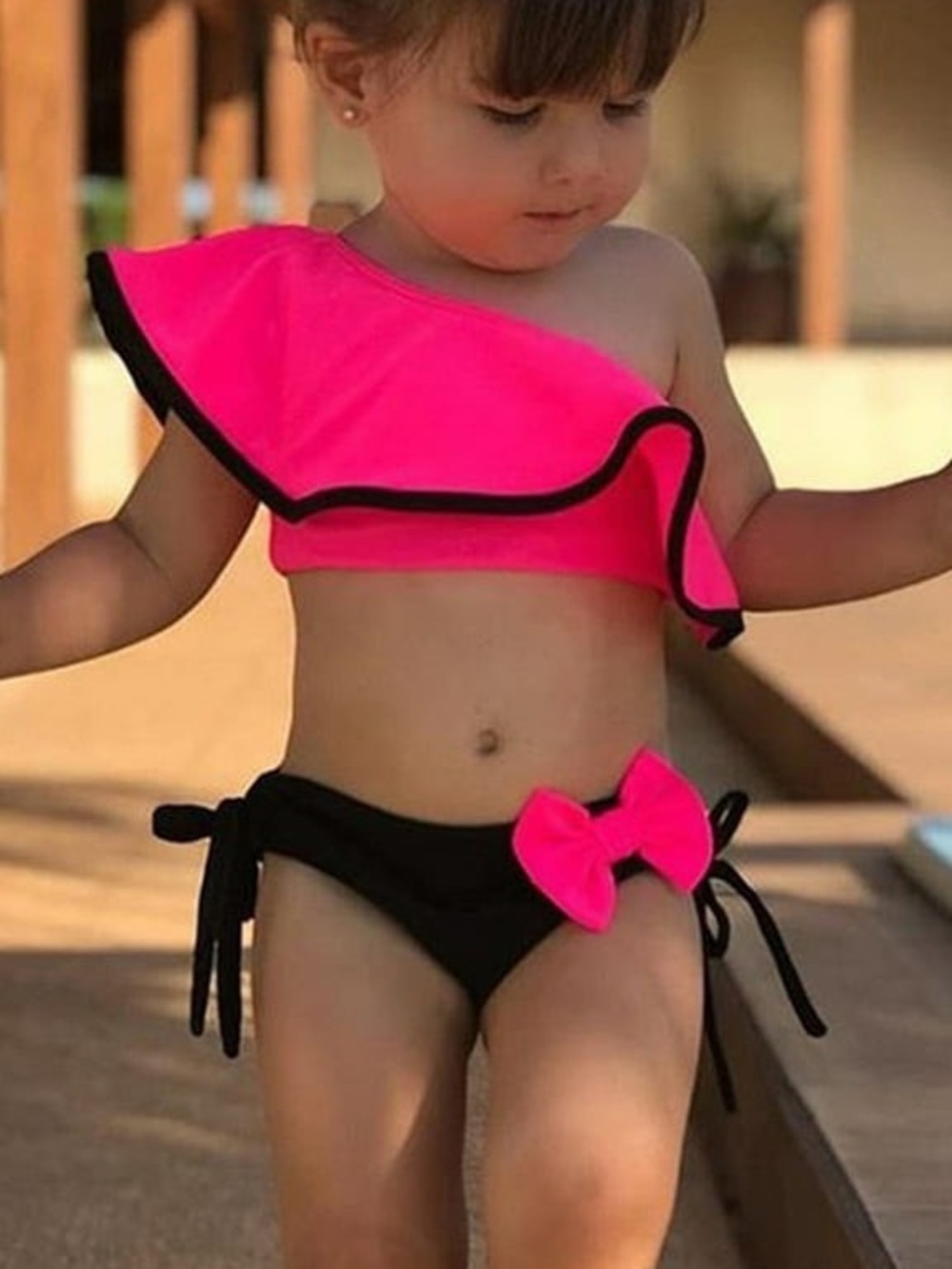 Hot Pink and Black Ruffle One-Shoulder Bikini